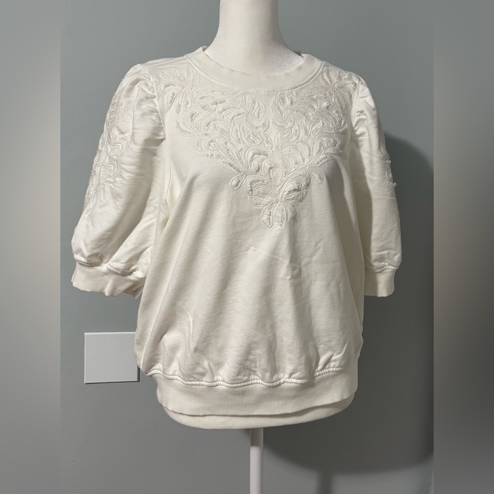 Anthropologie Cream Puff-Sleeve Embroidered Short Sleeve Top